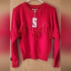 Chelsea & Violet Red Crew Neck Sweater with Fringe